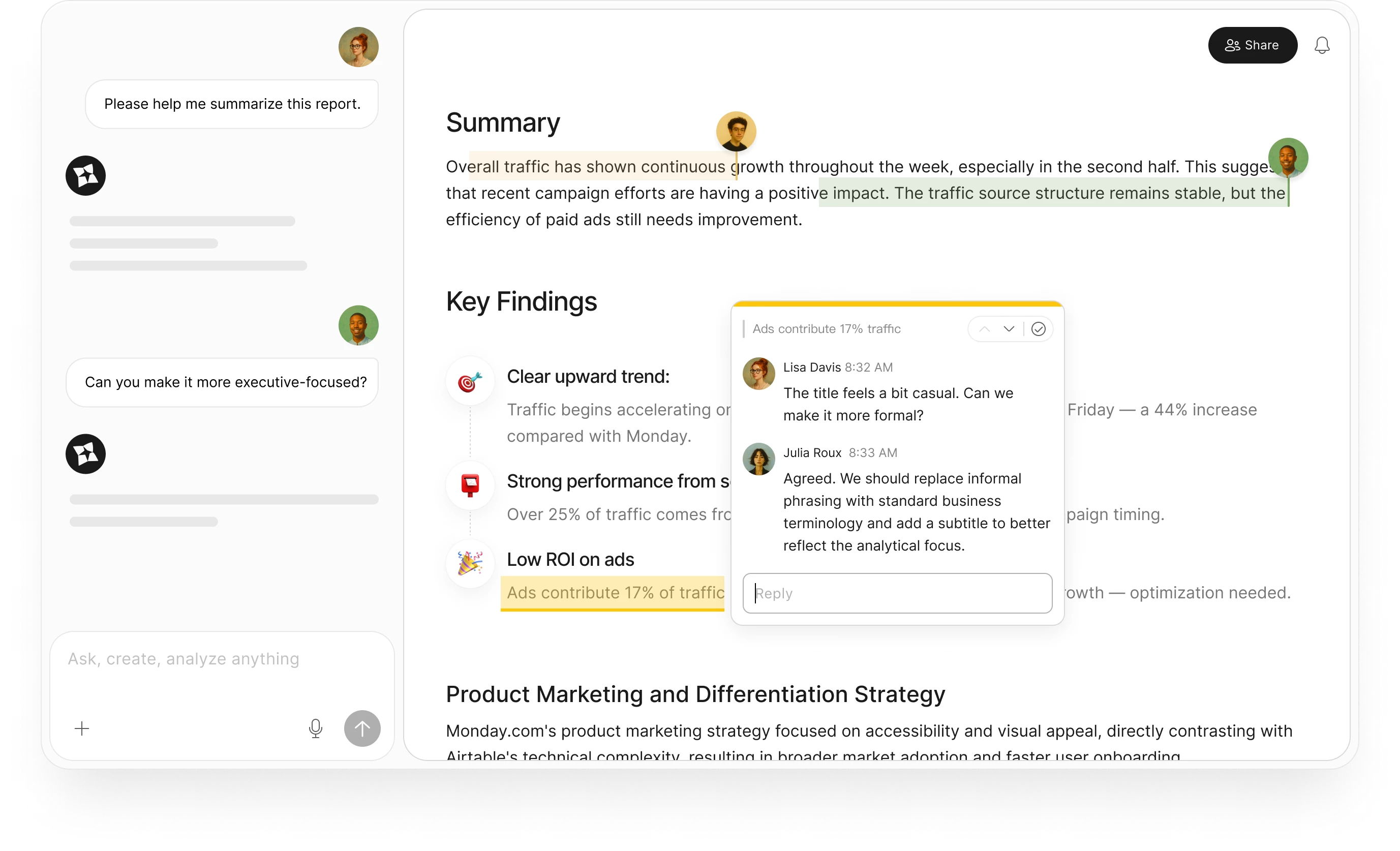 Document editor with AI chat and collaboration features